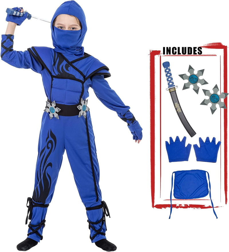 JAZGROM Blue Ninja Costume for Kids Boys Halloween Kung Fu Outfit Muscle Costume with Ninja Foam Accessories  JAZGROM   