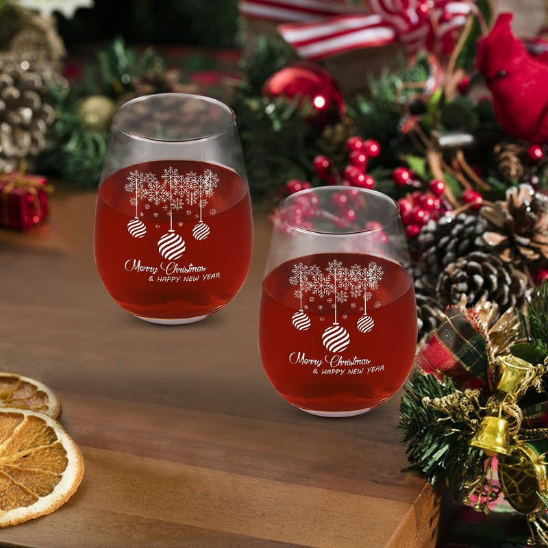 Futtumy Merry Christmas and Happy New Year Stemless Wine Glass Set of 2, Unique Christmas Gift New Year Gift for Him Her Family Friend Dad Mom Wife Husband, 15Oz Home & Garden > Kitchen & Dining > Tableware > Drinkware Futtumy   