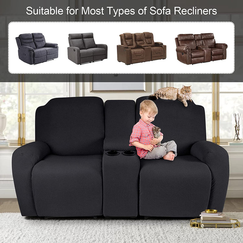Recliner Loveseat Cover with Middle Console Sofa Slipcover, Stretch Reclining Sofa Covers for 2 Seat Reclining Couch, Jacquard Pattern Soft Loveseat Slipcover Furniture Protector, Black Home & Garden > Decor > Chair & Sofa Cushions TAOCOCO   
