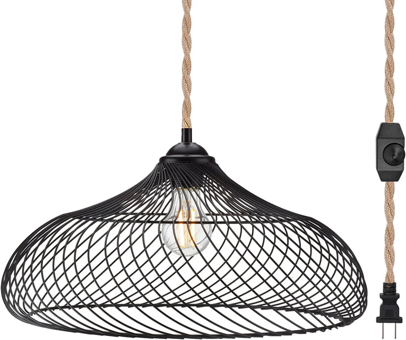 ROMGUAR CRAFT Plug in Pendant Light, Hanging Light with 15.5Ft Hemp Rope Cord, Hanging Lamp with Dimmable Switch, Black Metal Shade, Hanging Light Fixture for Kitchen Bedroom Living Room Dining Table Home & Garden > Lighting > Lighting Fixtures ROMGUAR CRAFT 16.73 Inch  