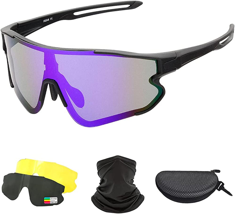 Jacquees Polarized Sports Cycling Sunglasses for Women Men 3 Lenses Free Scarf Sporting Goods > Outdoor Recreation > Cycling > Cycling Apparel & Accessories Jacquees Black Purple  