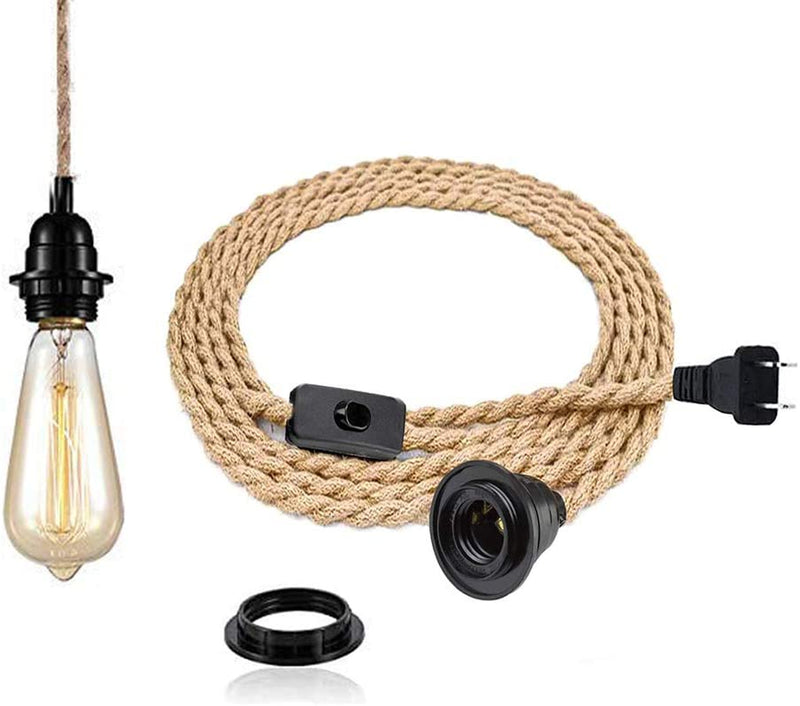 15FT Pendant Light Kit with Switch - Easric Vintage Hanging Lights with Plug in Cord Hanging Lamp Cord with Twisted Hemp Rope E26 Socket DIY Light Fixture for Farmhouse Home Bedroom Living Room Home & Garden > Lighting > Lighting Fixtures Easric 15 FT + Hemp Rope  