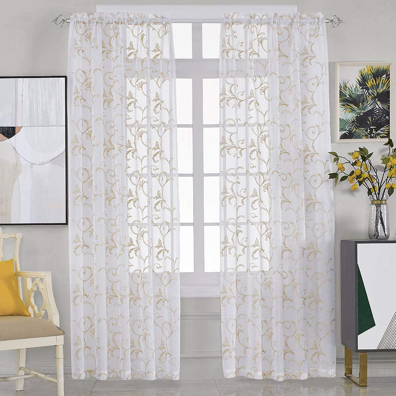 Embroidered Floral Sheer Curtains Beige 63 Inch , Rod Pocket Voile Drapes for Living Room, Bedroom, Vintage Embroidery Semi Crinkle Curtain Panels for Yard, Patio, Villa, Parlor, Set of 2, 52"X 63". Home & Garden > Decor > Window Treatments > Curtains & Drapes MYSTIC-HOME Beige 52"Wx84"L 