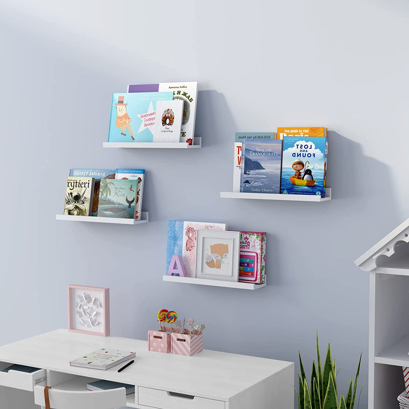 JOLLYMER Nursery White Shelves for Wall, Set of 4 Floating Bookshelf for Kids Room, Picture Ledge Wall Shelves for Bedroom, Living Room, Office Decor, 16Inch Furniture > Shelving > Wall Shelves & Ledges JOLLYMER   