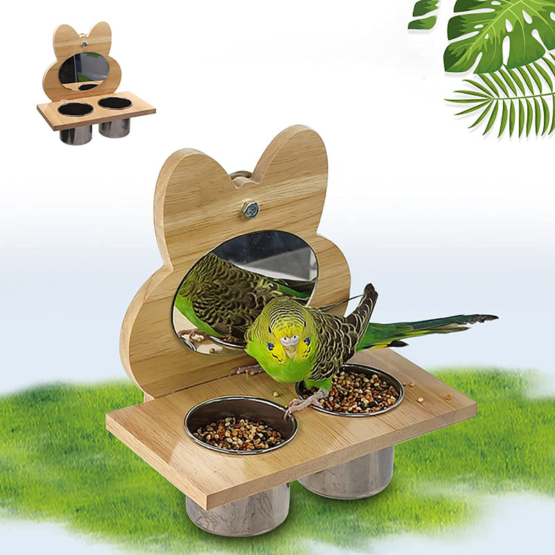 Bird Food Cups with Natural Wooden Perch, Bird Mirror Toys with Stainless Steel Food Bowls, Fun Stand Platform Toys for Birdcage, Bird Feeding & Watering Supplies for Parrot Cockatiels Parakeet Finch Animals & Pet Supplies > Pet Supplies > Bird Supplies > Bird Cage Accessories > Bird Cage Food & Water Dishes LeLePet   