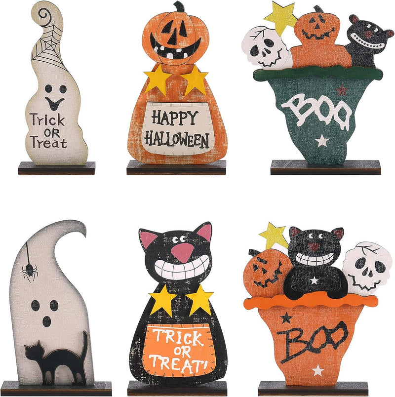 SY Super Bang 5Pcs Halloween Wooden Decorations, Halloween Tabletop Centerpiece Craft Decor Including Witch/Ghost/Shoes Decor for Home, Indoor, Holiday, Party Supplies, Kid'S Gift.  SY Super Bang 6Inch-6Pcs  