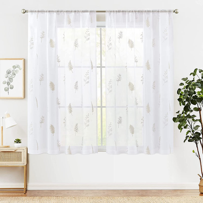 JINCHAN Sheer Embroidered Curtains for Living Room 84 Inch Length 2 Panels Leaf Pattern Voile for Bedroom Botanical Design Rod Pocket Top Window Treatments Sheers for Kitchen White on Taupe Home & Garden > Decor > Window Treatments > Curtains & Drapes CKNY HOME FASHION Herb White*taupe 63"L 