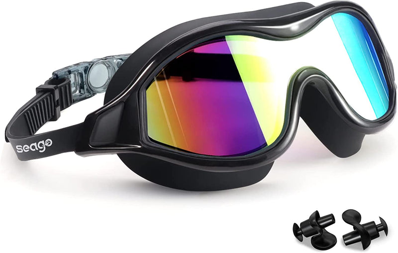Swim Goggles No Leaking Anti-Fog Pool Goggles Swimming Goggles for Adult Men Women Youth, UV Protection 180° Clear Vision Sporting Goods > Outdoor Recreation > Boating & Water Sports > Swimming > Swim Goggles & Masks Seago Black With Mirrored Aqua  