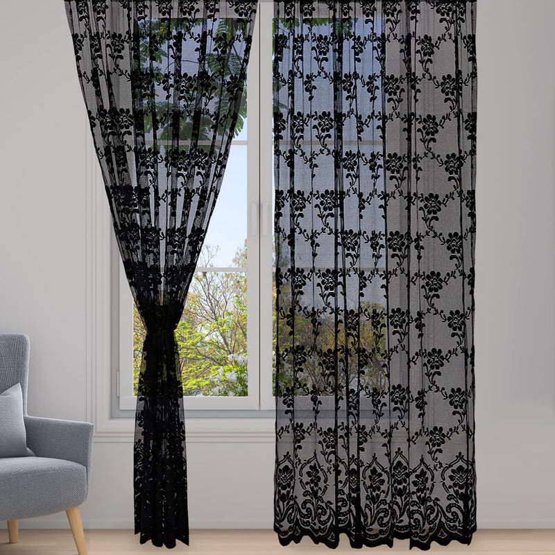 Navadeal 2 Panels Handmade Halloween Gothic Black Lace French Curtain Drape, Rod Pocket, Elegant Vintage Dark Sheer Window with Floral Embroidery Hem, for Parlor Living Room Canopy Bed, 59W X 83L Inch Home & Garden > Decor > Window Treatments > Curtains & Drapes JIUFAN   