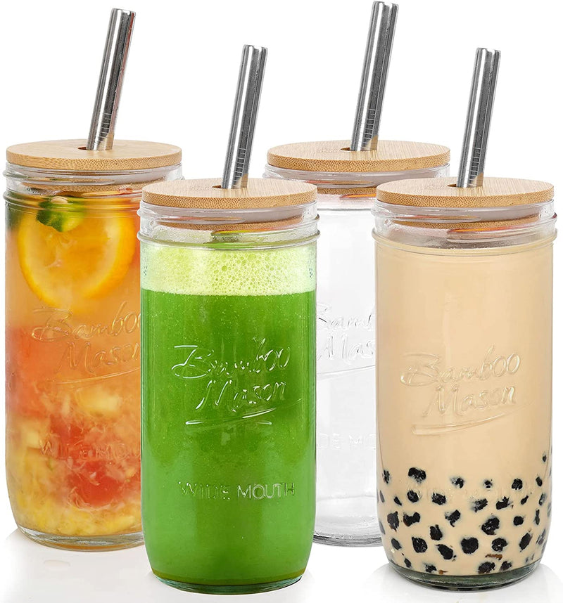 Mason Jar with Lid and Straw, ANOTION 32Oz Wide Mouth Boba Cup Reusable Drinking Glasses Tumbler Smoothie Water Bottles for Iced Coffee Margaritas Ice Cream Juice Cocktail Travel Office Home Home & Garden > Kitchen & Dining > Tableware > Drinkware ANOTION 4 Jars: Classic Bamboo Lid+Silver Straw  