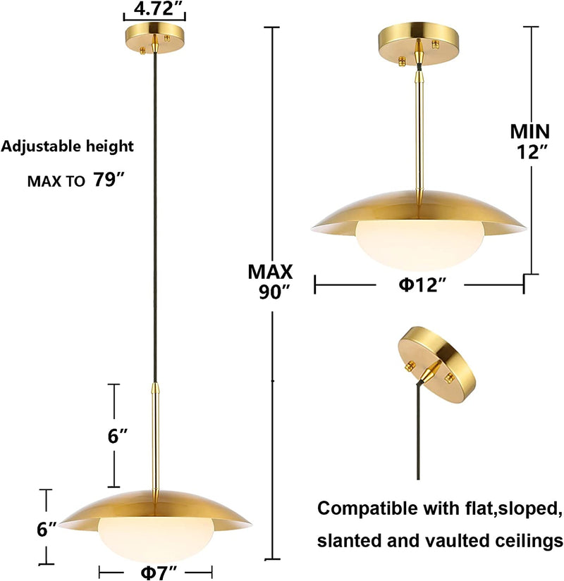 BAODEN Modern Pendant Lighting Set of 2 Industrial Hanging Light Brushed Brass Finished Dome Shades White Globe Glass Lampshade Light Fixture for Kitchen Island, Living Room, Dining Room