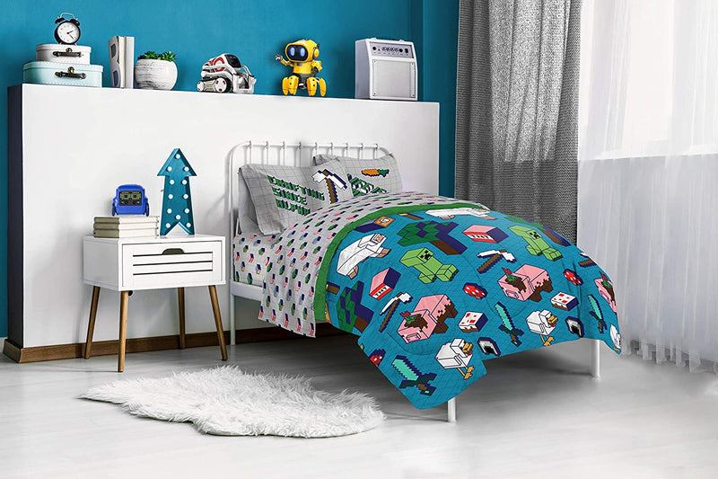 Minecraft Genda Iso Animals 4 Piece Twin Bed Set - Includes Reversible Comforter & Sheet Set - Bedding Features Creeper - Super Soft Fade Resistant Microfiber - (Official Minecraft Product)
