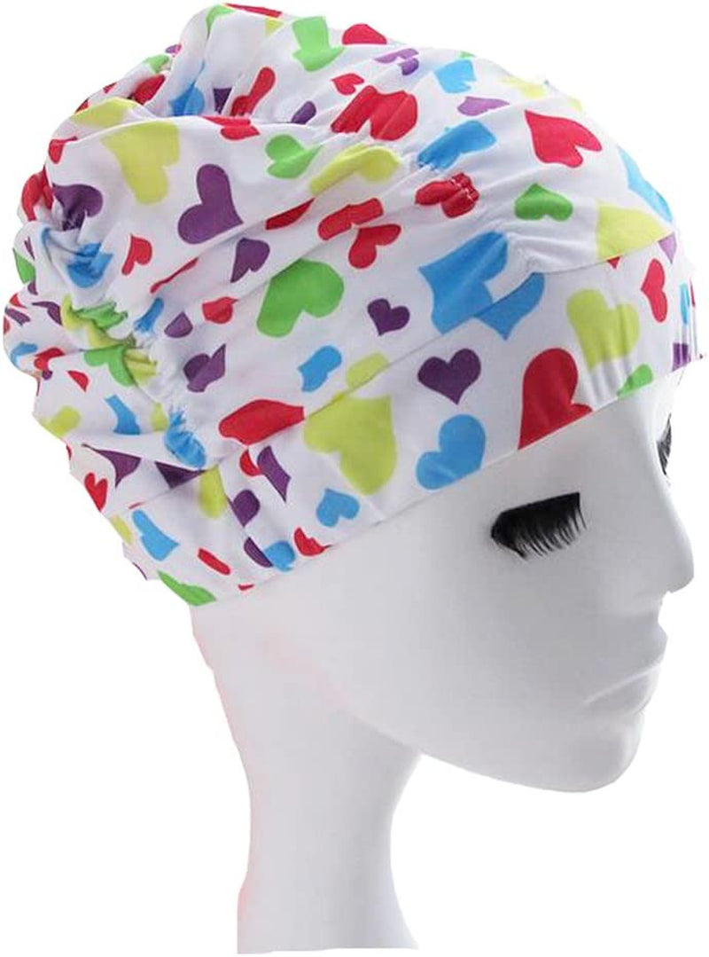 Ewanda Store Colorful Pleated Nylon Cloth Swim Cap Large Swimming Cap Hot Spring Bathing Caps for Adult Men Women Long Hair Sporting Goods > Outdoor Recreation > Boating & Water Sports > Swimming > Swim Caps Ewanda store Colorful Heart  