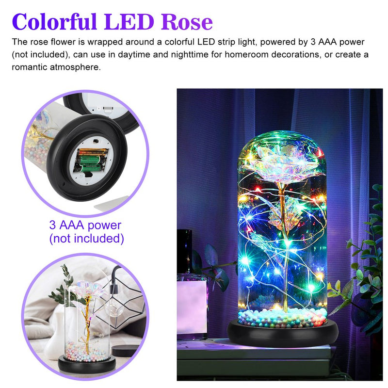 Colorful Artificial Galaxy Rose Flower Gift, LED Light String on the Colorful Flower, Lasts Forever in a Glass Dome, Unique Gifts for Women, Mother'S, Wedding, Valentine'S Day, Anniversary and Birthday