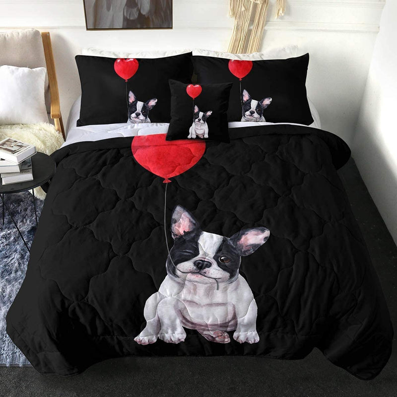 Sleepwish Valentines Day Comforter Set Pug Pink Heart Quilt Set for Queen Bed 4 Piece Dogs Pattern Quilt Sets Cute Animals Bedding Sets with 2 Pillow Shams and 1 Cushion Cover Gifts for Women Him Her Home & Garden > Linens & Bedding > Bedding Youhao 11 King 