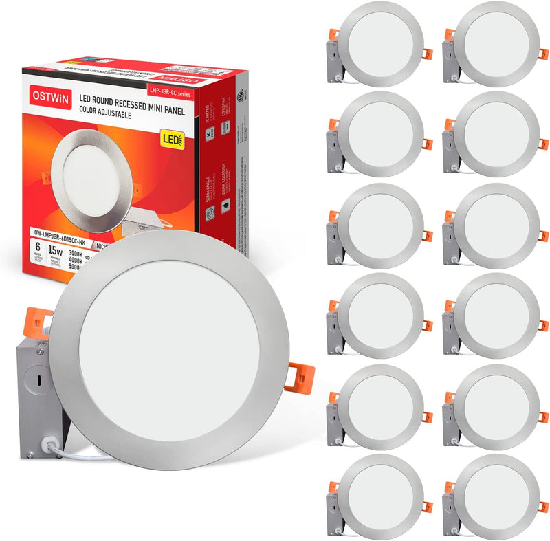 OSTWIN 6 Inch LED Recessed Light, 15 Watt (120W Equivalent) 1125 Lm, Dimmable, IC Rated, Ultra-Thin Canless LED Downlight with Junction Box, 4000K (Bright White), Energy Star, ETL (4 Pack) Home & Garden > Lighting > Flood & Spot Lights OSTWIN Lighting, LLC 3 Cct Nickel 12 Pack 