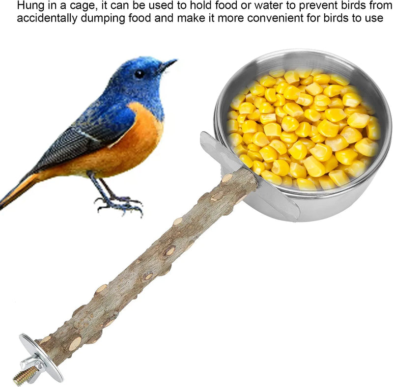 Wood Bird Perch with Bird Feeding Cups Stainless Steel Parrot Food Water Bowls Dish Feeder for Cockatiel Conure Budgies Parakeet [L] Feeding & Watering Supplies Animals & Pet Supplies > Pet Supplies > Bird Supplies > Bird Cage Accessories > Bird Cage Food & Water Dishes Pssopp   