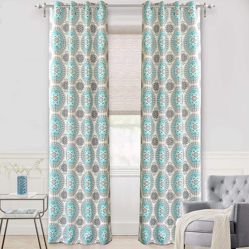 Driftaway Bella Medallion and Floral Pattern Room Darkening and Thermal Insulated Grommet Window Curtains 2 Panels Each 52 Inch by 54 Inch Aqua and Gray