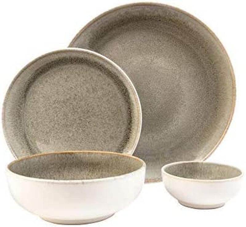 Sango Resona Moss 16-Piece Stoneware Dinnerware Set with round Plates and Bowls, Green