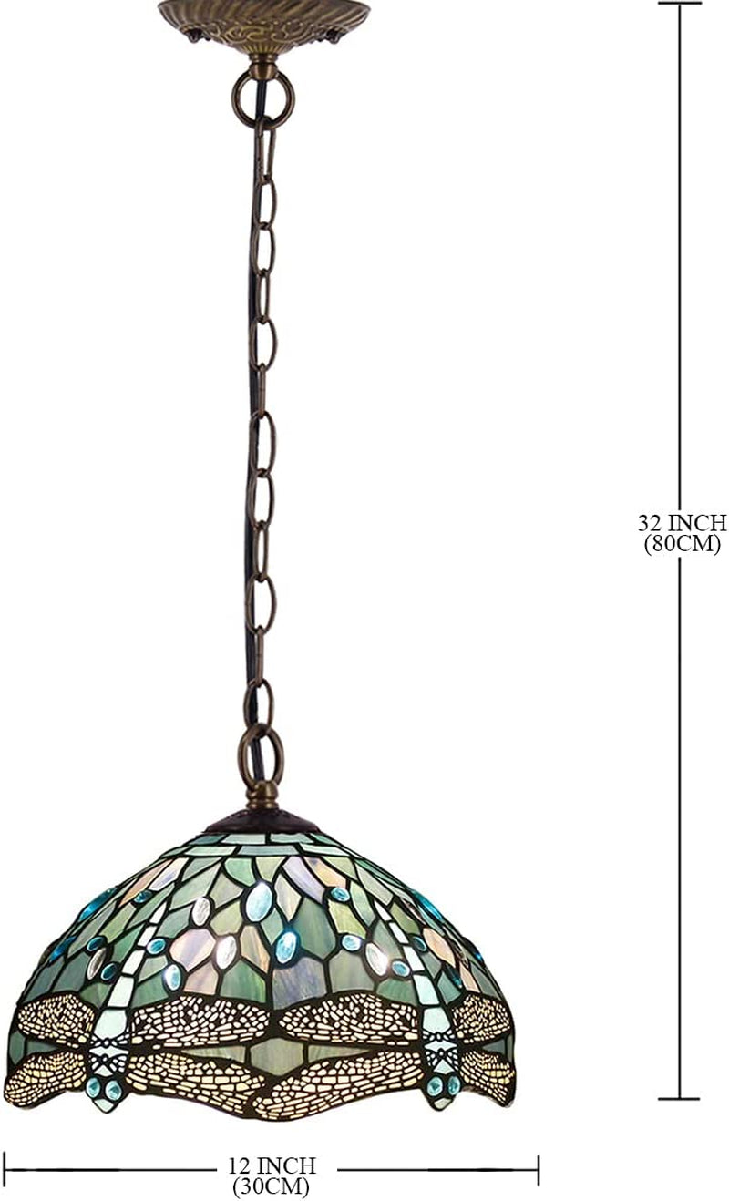 WERFACTORY Tiffany Pendant Light Fixture Sea Blue Stained Glass Dragonfly Hanging Lamp Wide 12 Inch Height 32 Inch S147 Series Home & Garden > Lighting > Lighting Fixtures WERFACTORY   