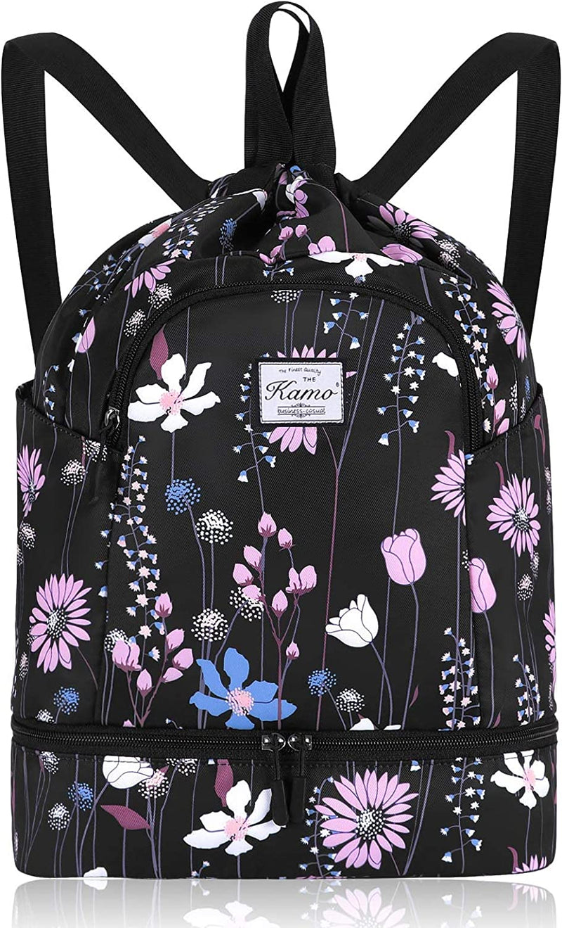 KAMO Drawstring Backpack Bag - Sport Swimming Yoga Backpack with Shoe Compartment, Two Water Bottle Holder for Men Women Large String Backpack Athletic Sackpack for School Travel Home & Garden > Household Supplies > Storage & Organization KAMO Little Pink Flowers  