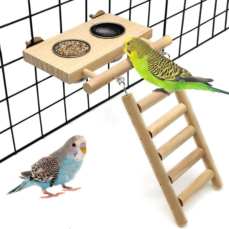 Tfwadmx Bird Food Stainless Steel Cups Wooden Perch Stand Hanging Feeder Bowls Feeding and Watering Supplies for Parakeets Conures Cockatiels Budgie Parrot