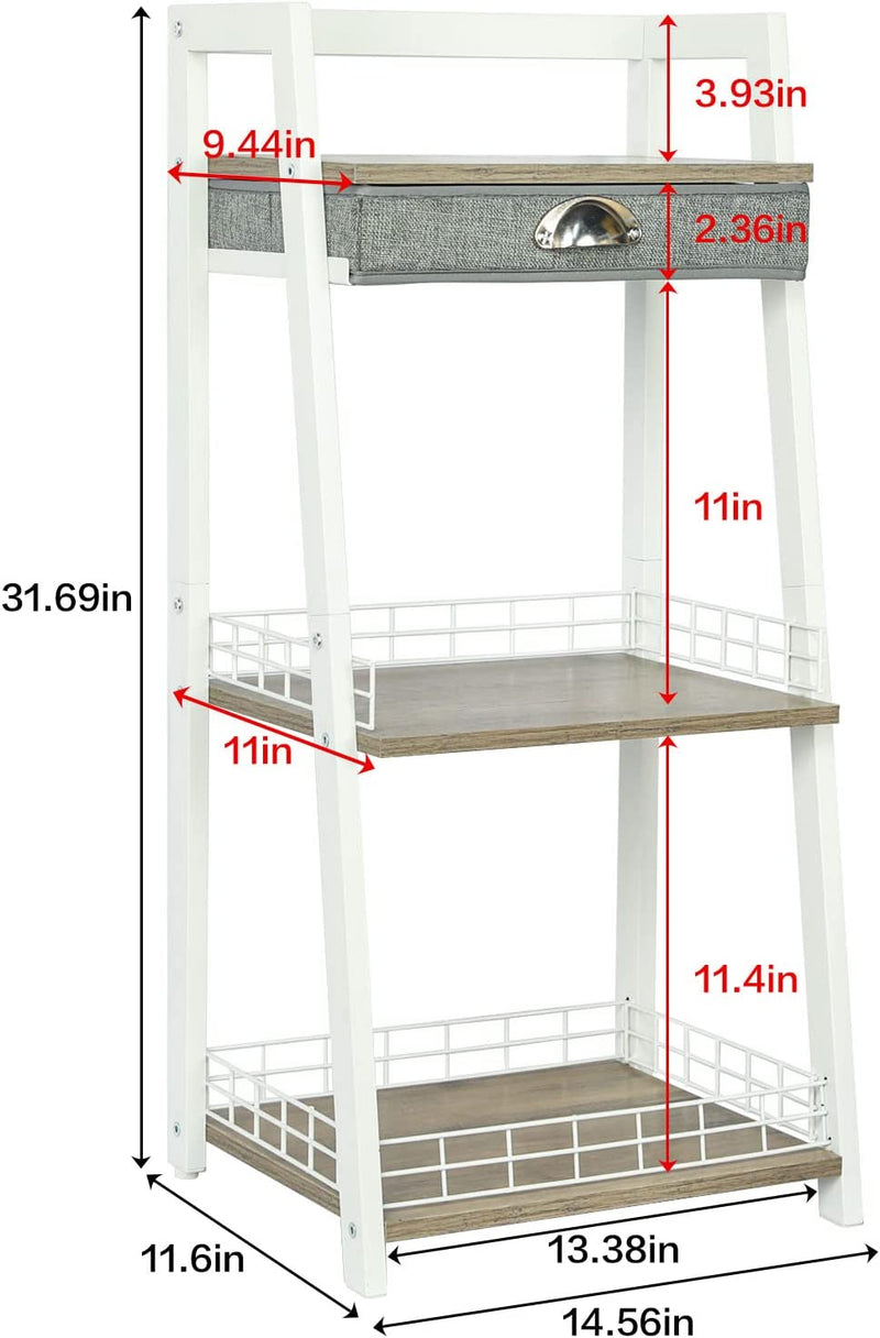 Keomaisyto 3-Tier Bathroom Ladder Shelf, Bathroom Floor Storage Shelf with Drawer, Freestanding Tower Shelf, Open Shelving Unit for Bathroom Living Room Balcony（White）