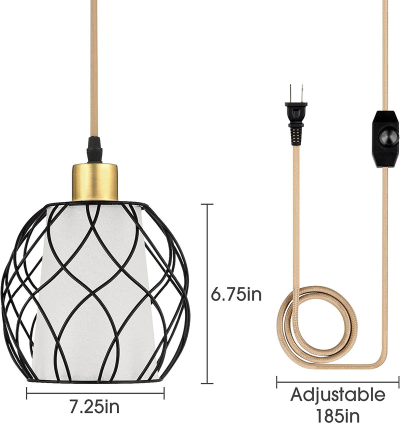 Plug in Pendant Light, Black Farmhouse Hanging Chandelier Lights with Linen Shade, 15Ft Golden Cotton Cord, Industrail Ceiling Lamp with Dimmable Switch, for Kitchen Island Living Room (Bulb Included) Home & Garden > Lighting > Lighting Fixtures Cinkeda   