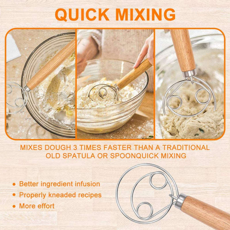 Danish Dough Whisk Bread Hook - Dutch Whisk Scraper Set Sourdough Hand Mixer Stainless Steel Wire Wooden Handle Flat Egg Beater | Kitchen Manual Mixing Tool for Cooking Baking Pastry Home & Garden > Kitchen & Dining > Kitchen Tools & Utensils TORUBIA   