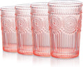 Joeyan Pink Drinking Glass Cups,Flower Embossed Romantic Water Tumblers,Vintage Colored Highball Glassware for Juice Beverage Wine Cocktail,Great for Wedding Party and Home Daily Use,11.5 Oz,Set of 4 Home & Garden > Kitchen & Dining > Tableware > Drinkware Joeyan Pink  