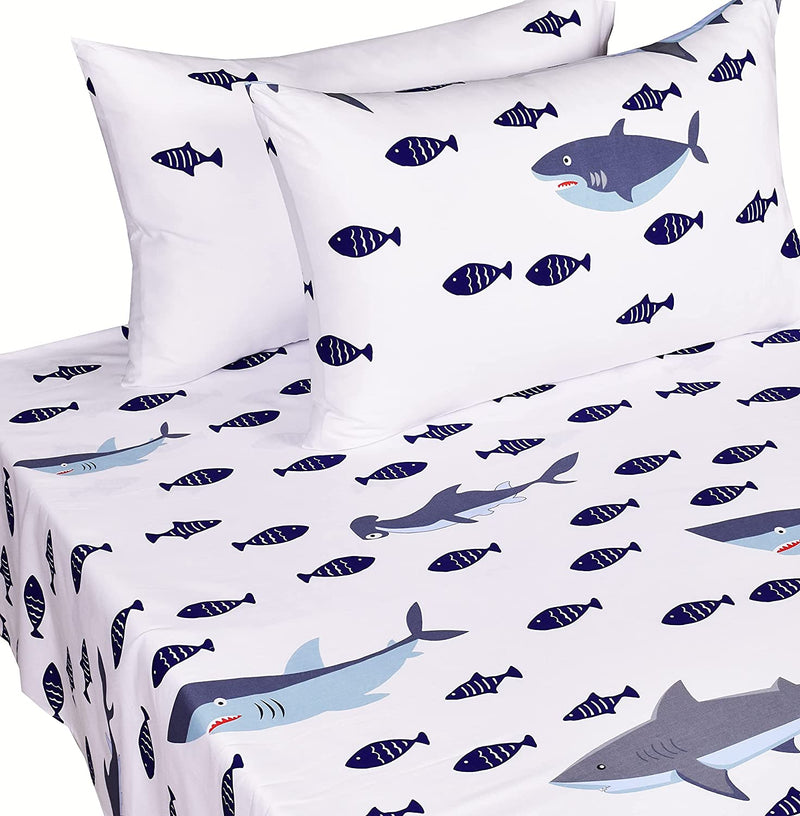J-Pinno Shark Sea Fish Twin Sheet Set Kids Boys Bedroom Decoration Gift, 100% Cotton, Flat Sheet + Fitted Sheet + Pillowcase Bedding Set (Twin, 6) Home & Garden > Linens & Bedding > Bedding J pinno 6 Full 