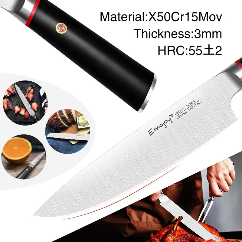 Knife Set, Kitchen Knife Set with Craving Fork and Detachable Wooden Block, 16-Piece German Stainless Steel Kitchen Knives Sharpener and Scissors Block Set, Emojoy