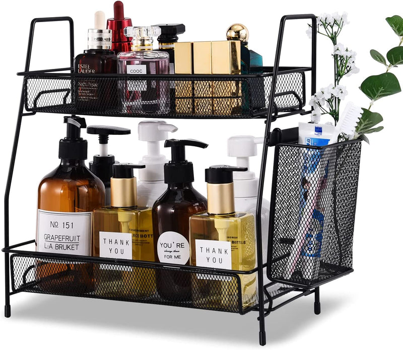 FIXPARTS Countertop Organizer for Bathroom Counter, the Organizer for Bedroom, Spice Rack Organizer for Kitchen Counter Shelf with Small Basket(Black) Home & Garden > Household Supplies > Storage & Organization Fixparts Black (Size 7" x 12" x 13")  