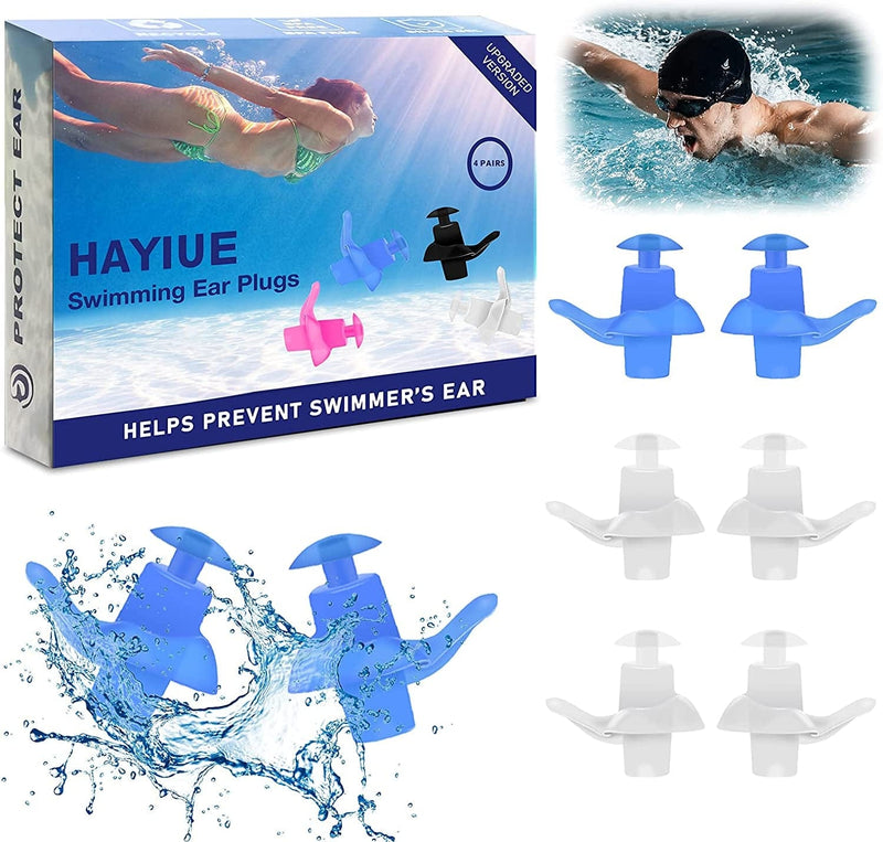 Ear Plugs for Swimming, 4-Pair Pack Swimming Earplugs for Kids Adult, Double Waterproof and Sound Hole Design Earplugs for Swimmer, Best for Showering Bathing Surfing Snorkeling Sporting Goods > Outdoor Recreation > Boating & Water Sports > Swimming HaYiue Blue+white  