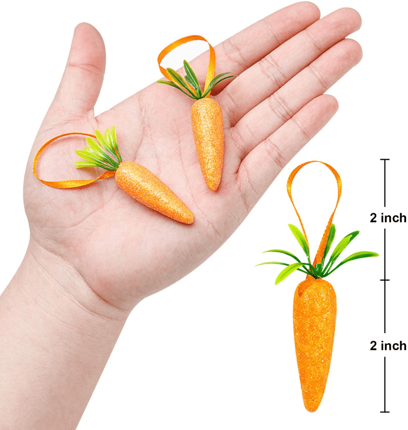 Easter Carrot Hanging Ornaments - 12Pcs Premium Foam Glitter Artificial Carrots for Easter Decoration
