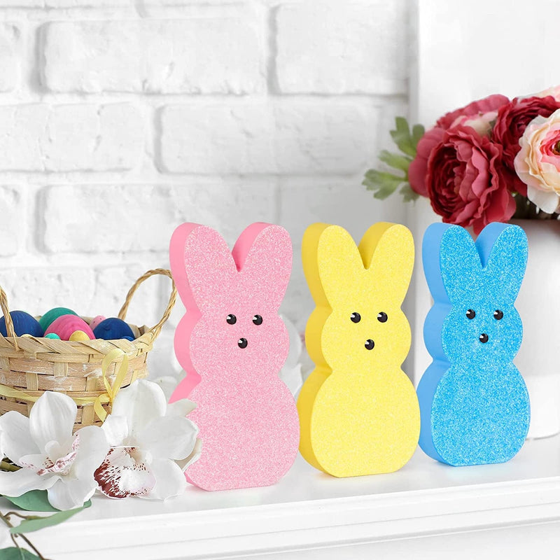 Easter Decor, 3 Pcs Glittery Easter Wooden Signs for Tiered Tray/Mantel/Table Decorations, Style of Peeps with 3D Eyes Home & Garden > Decor > Seasonal & Holiday Decorations Shenzhen Feiyang Trading Co.,Ltd   