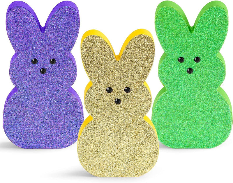 Easter Decor, 3 Pcs Glittery Easter Wooden Signs for Tiered Tray/Mantel/Table Decorations, Style of Peeps with 3D Eyes Home & Garden > Decor > Seasonal & Holiday Decorations Shenzhen Feiyang Trading Co.,Ltd Purple & Gold & Green  