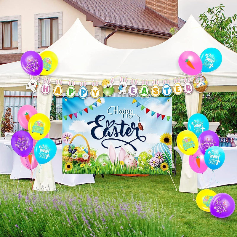 Easter Decorations 16PCS Easter Balloons & Easter Banner, Egg Bunny Happy Easter Garland Backdrops Photography, Colorful Carrot Easter Balloons, Easter Decorations Indoor Outdoor Home Party Supplies