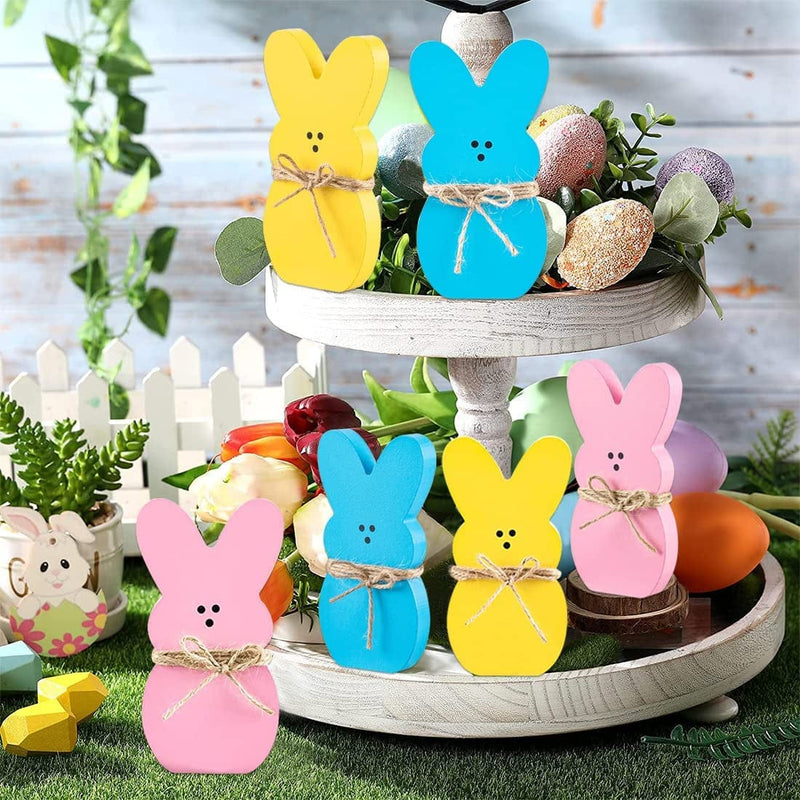 Easter Decorations,3Pcs Easter Bunny Decor,Wooden Bunny Easter Decorations for the Home,Suitable for Easter Tiered Tray,Table Decor,Spring Home Decor(Yellow Pink Blue）