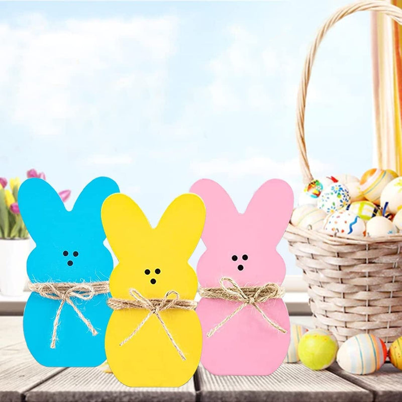 Easter Decorations,3Pcs Easter Bunny Decor,Wooden Bunny Easter Decorations for the Home,Suitable for Easter Tiered Tray,Table Decor,Spring Home Decor(Yellow Pink Blue）
