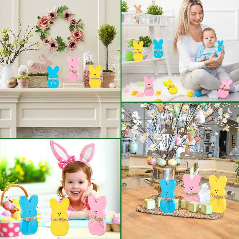 Easter Decorations,3Pcs Easter Bunny Decor,Wooden Bunny Easter Decorations for the Home,Suitable for Easter Tiered Tray,Table Decor,Spring Home Decor(Yellow Pink Blue） Home & Garden > Decor > Seasonal & Holiday Decorations bao xue wan ju   
