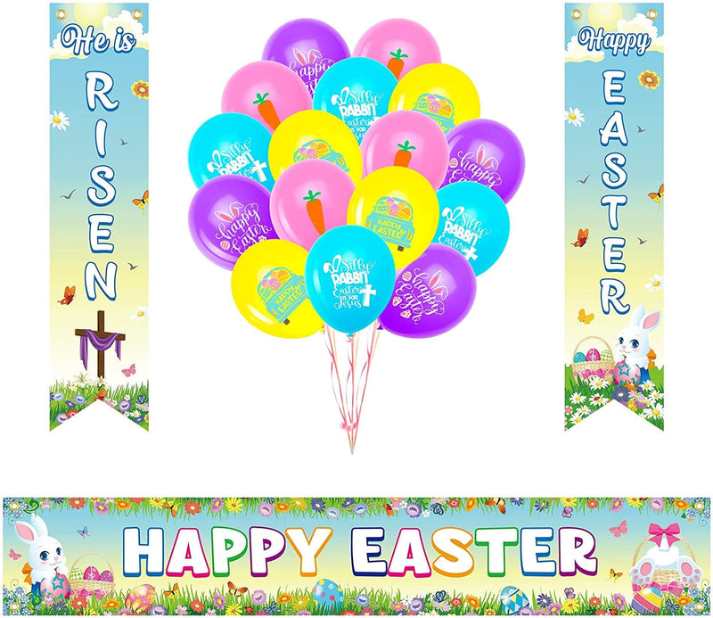 Easter Decorations, Easter Banner & 16PCS Easter Balloons, Large Fence Happy Easter Banner Risen Door Banner, Rubber Color Bunny Egg Balloons, Easter Decorations for Home Wall outside Party Supplies Home & Garden > Decor > Seasonal & Holiday Decorations EOBOH   