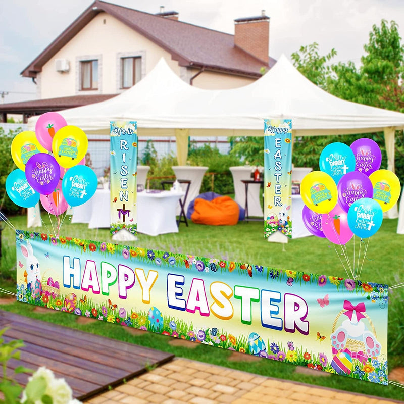 Easter Decorations, Easter Banner & 16PCS Easter Balloons, Large Fence Happy Easter Banner Risen Door Banner, Rubber Color Bunny Egg Balloons, Easter Decorations for Home Wall outside Party Supplies Home & Garden > Decor > Seasonal & Holiday Decorations EOBOH   