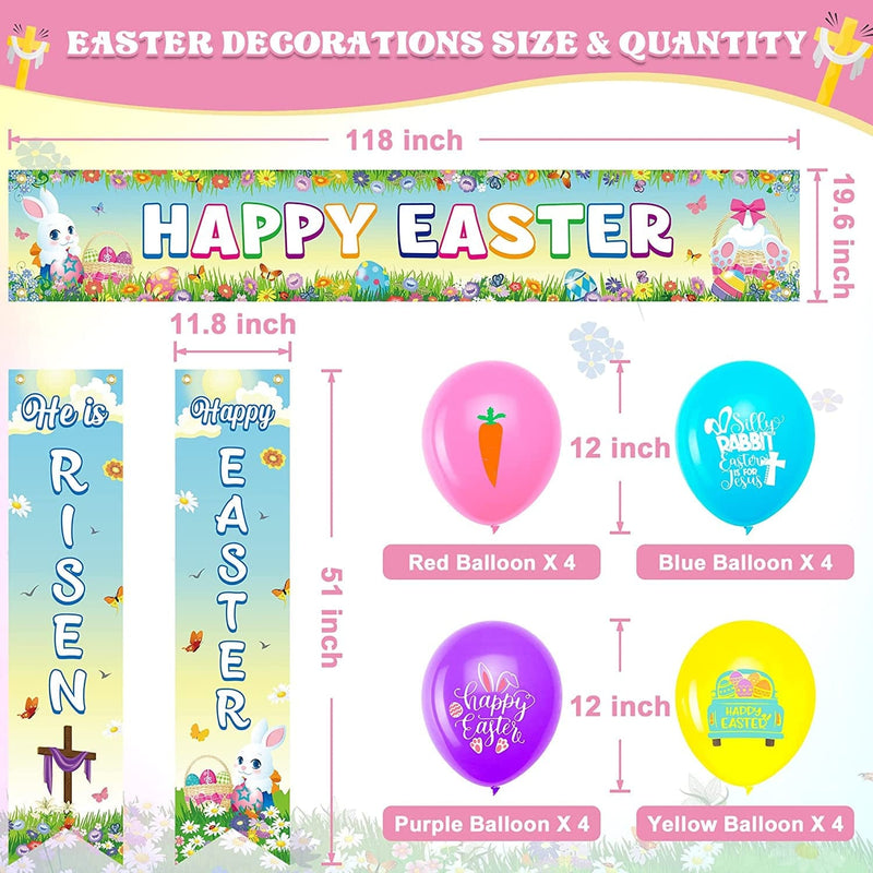 Easter Decorations, Easter Banner & 16PCS Easter Balloons, Large Fence Happy Easter Banner Risen Door Banner, Rubber Color Bunny Egg Balloons, Easter Decorations for Home Wall outside Party Supplies