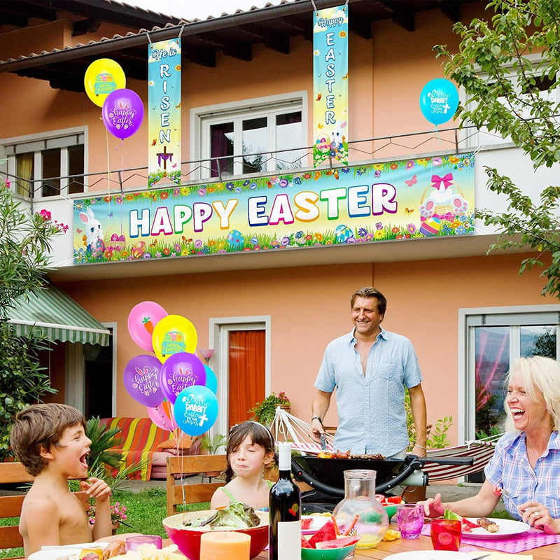 Easter Decorations, Easter Banner & 16PCS Easter Balloons, Large Fence Happy Easter Banner Risen Door Banner, Rubber Color Bunny Egg Balloons, Easter Decorations for Home Wall outside Party Supplies