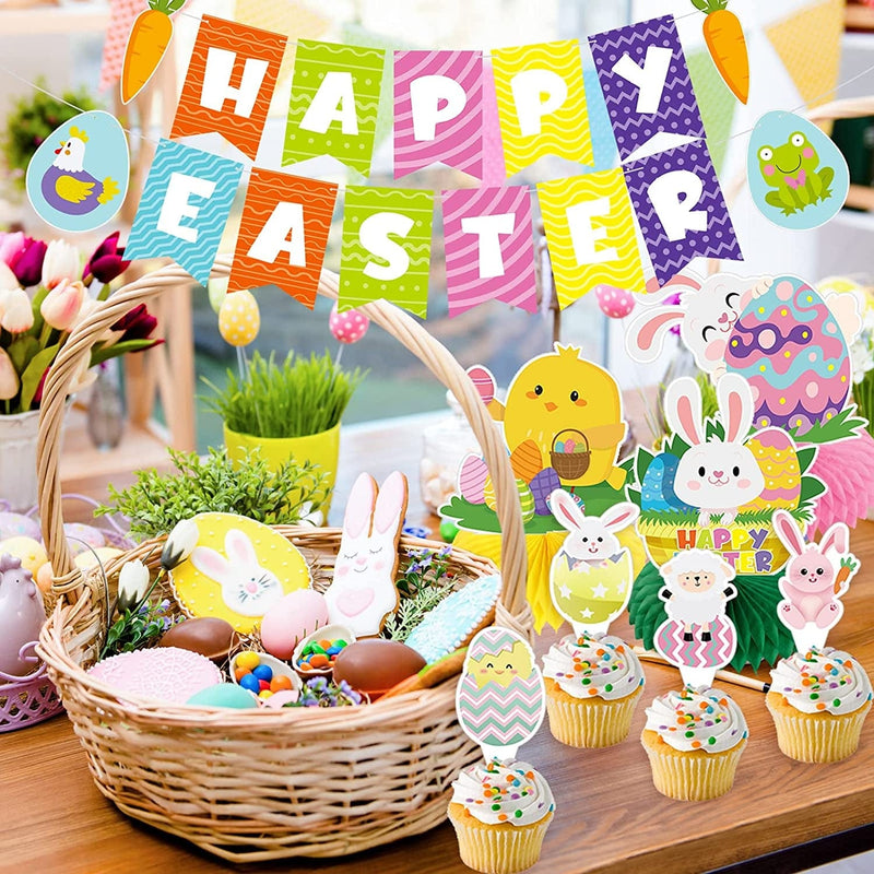 Easter Decorations Easter Banners Egg Bunny Hanging Swirls Party Decorations, Easter Honeycomb Centerpiece and Cupcake Toppers Table Decorations for Home Party Supplies Spring Ornaments(38Pcs) Home & Garden > Decor > Seasonal & Holiday Decorations MOORAY   