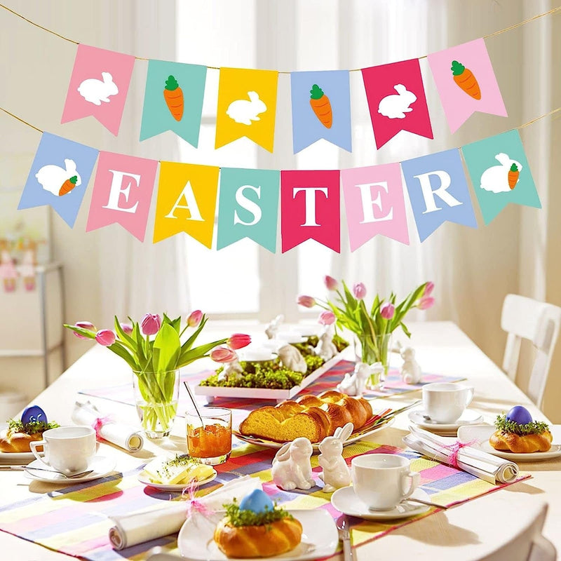 Easter Decorations, Easter Garland, Happy Easter Banner for Mantle, Bunny Sign Bunting Party Hanging Decor, Multicolor Home Fireplace Rabbit Carrot Banners Festival Supplies Home & Garden > Decor > Seasonal & Holiday Decorations Qenifr   