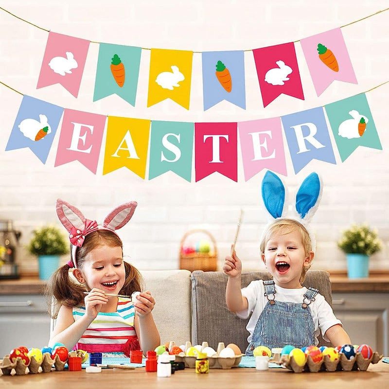 Easter Decorations, Easter Garland, Happy Easter Banner for Mantle, Bunny Sign Bunting Party Hanging Decor, Multicolor Home Fireplace Rabbit Carrot Banners Festival Supplies Home & Garden > Decor > Seasonal & Holiday Decorations Qenifr   