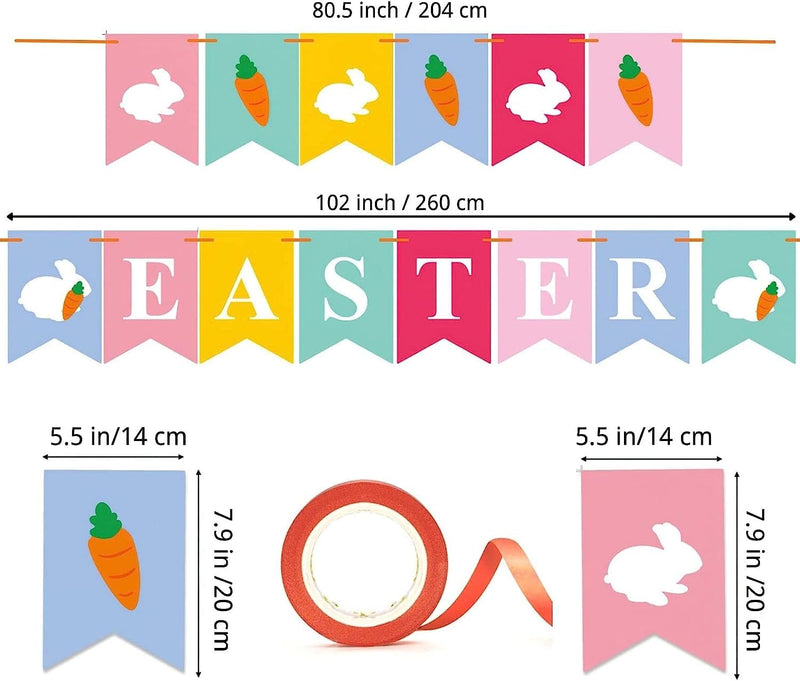 Easter Decorations, Easter Garland, Happy Easter Banner for Mantle, Bunny Sign Bunting Party Hanging Decor, Multicolor Home Fireplace Rabbit Carrot Banners Festival Supplies