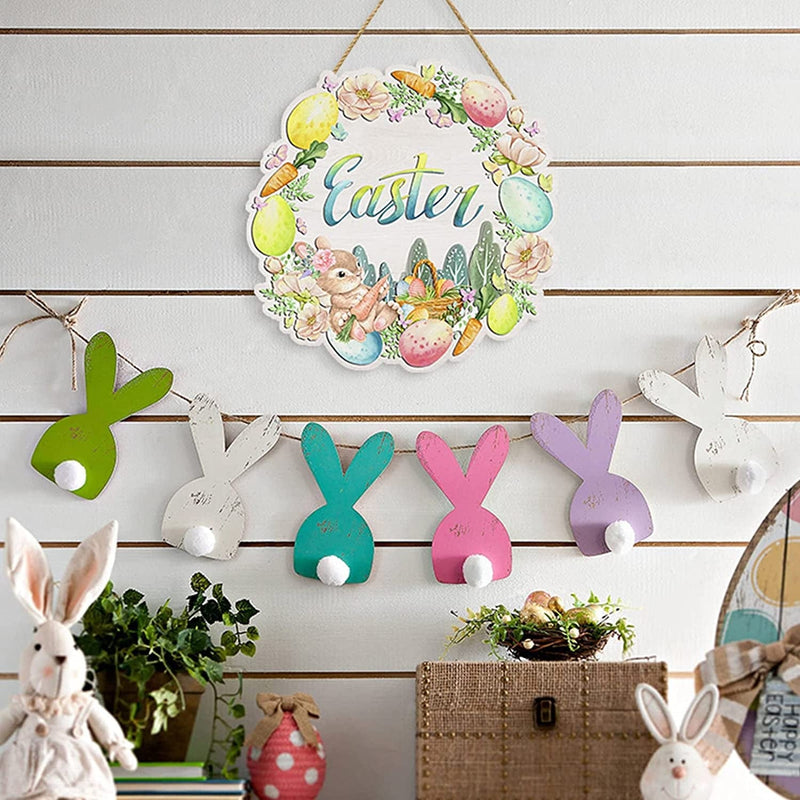 Easter Decorations for the Home, Cute Bunny Colorful Eggs Wooden Hanging Sign, Handmade Welcome Door Hange for Front Porch Window Wall Farmhouse Indoor Outdoor